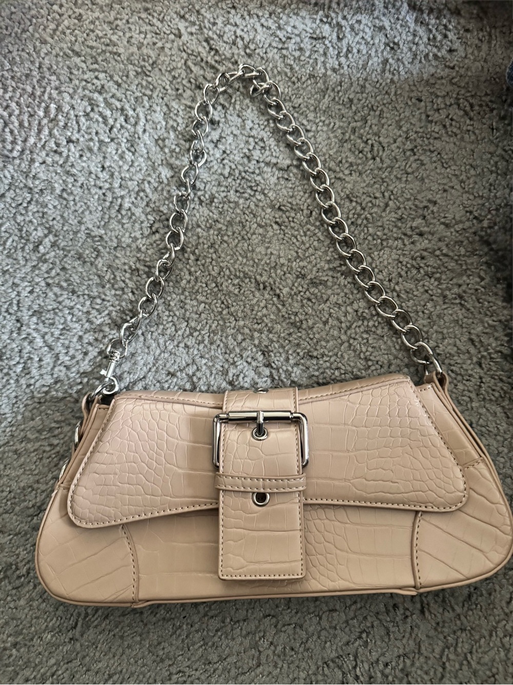 Fashion Nova Taupe Croc-Embossed Shoulder Bag with Silver Chain